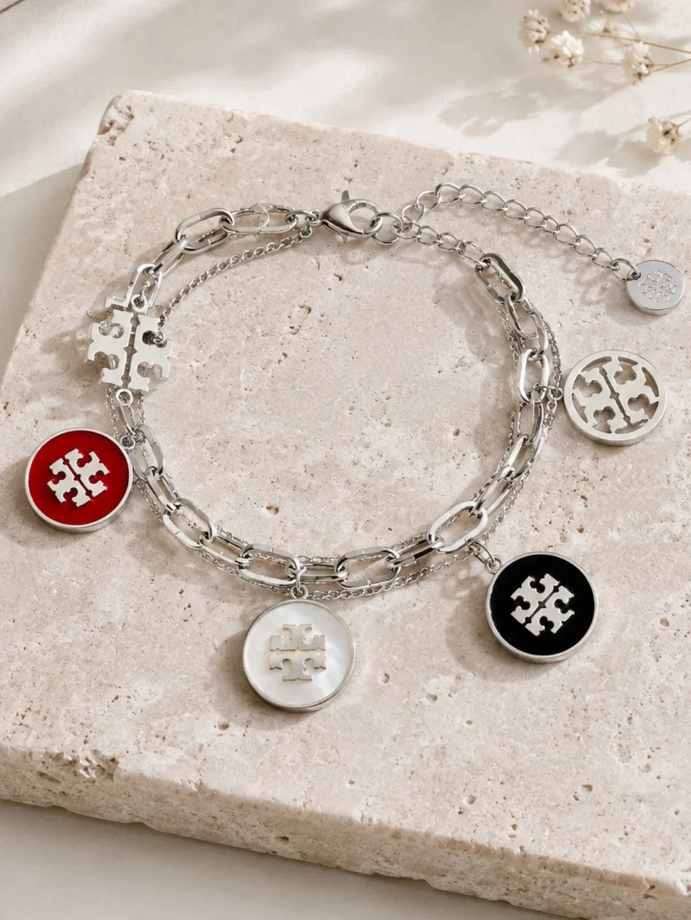 Tory Burch Silver Chain Bracelet with Red, White & Black Enamel Charms